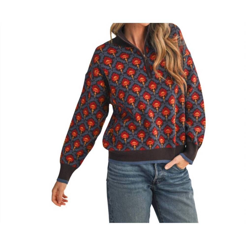 Women's V-Neck Pullover Sweater in Navy with Red Floral Pattern